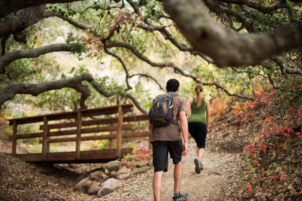 Couple's hike on a trail with a bridge