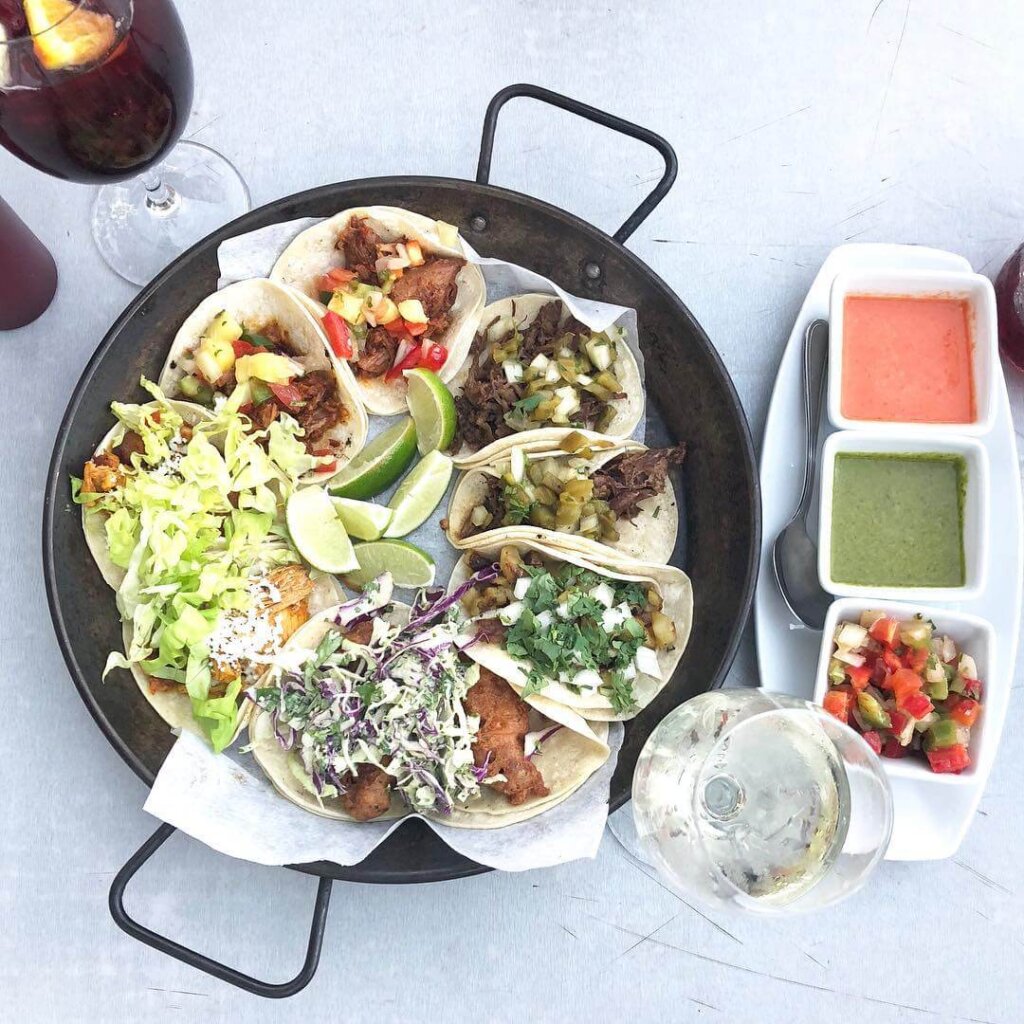 Luna Red Gluten Free tacos with salsa and drinks