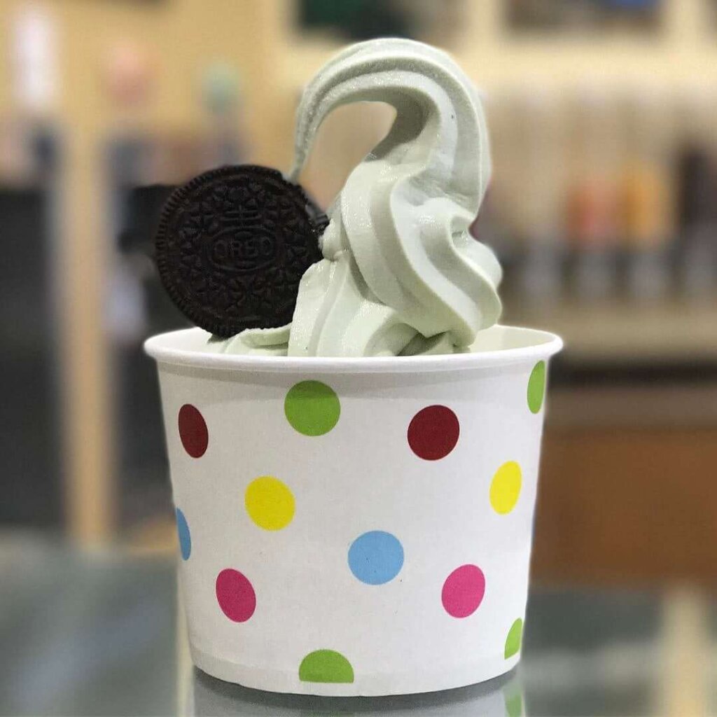 Frozen yogurt with in a cup with a cookie from Snofari Frozen Yogurt
