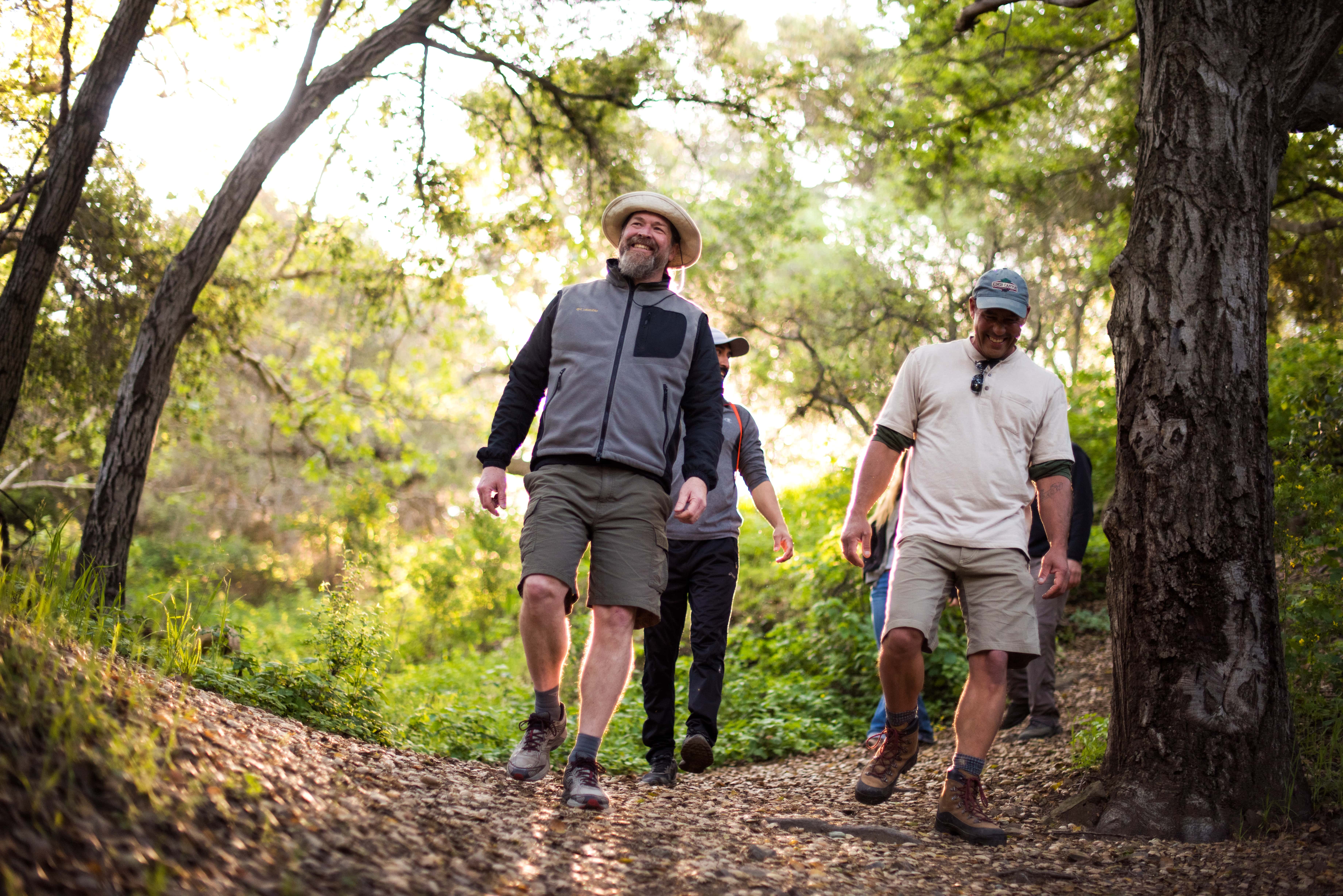 Photo of four people hiking through a lush hiking path. 