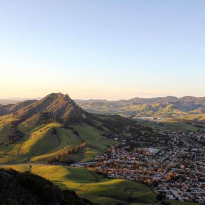 Landscape view of San Luis Obispo town and mountains.