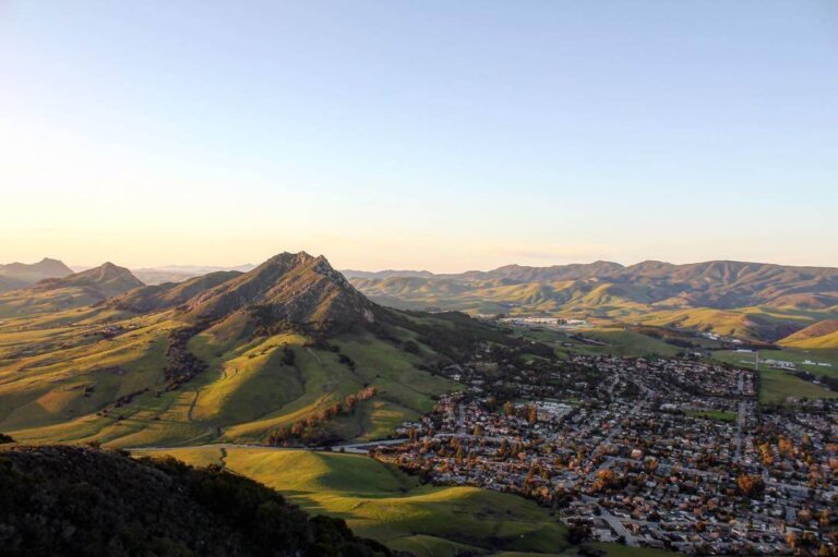 Landscape view of San Luis Obispo town and mountains.
