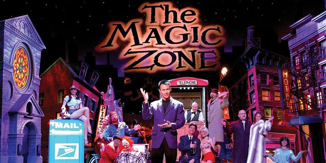 The Magic Zone magic performance poster, with Lance Burton in front of assorted props.