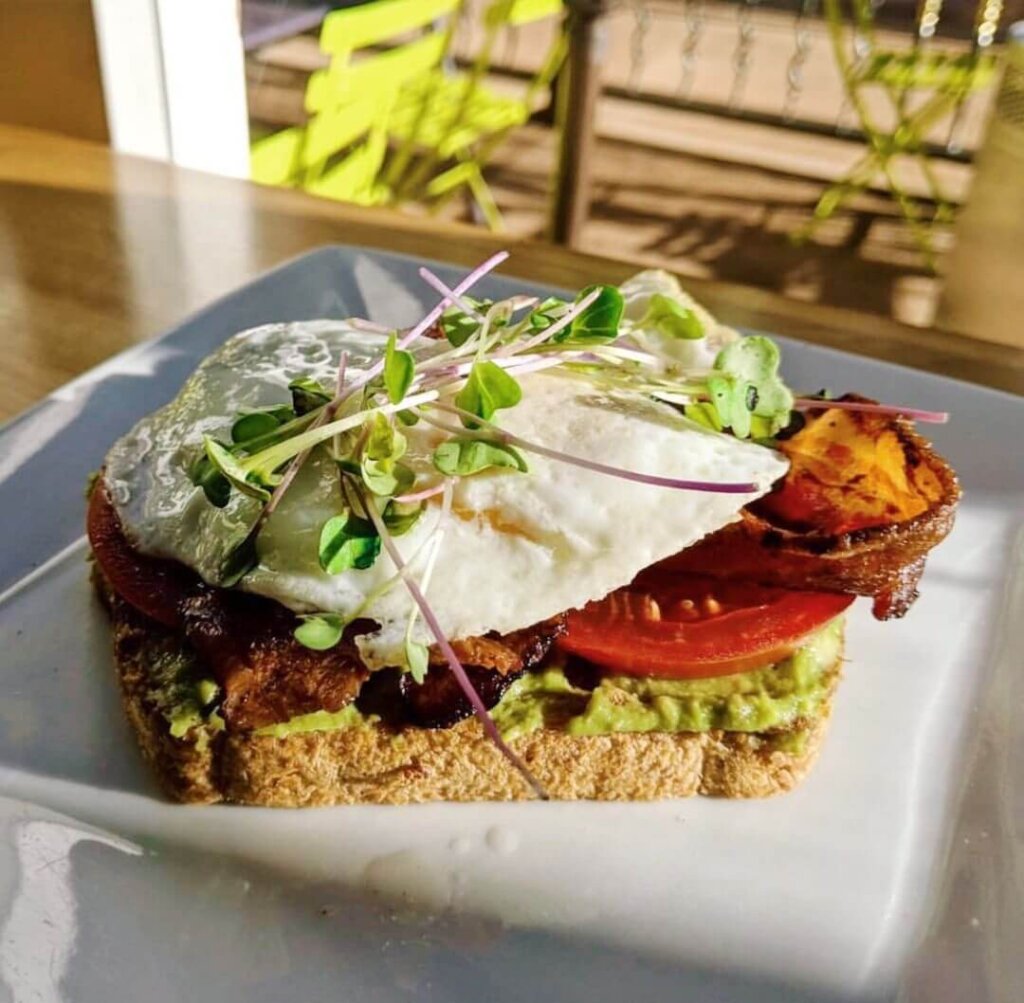 Avocado toast with an egg, sprouts, and tomato from Mint + Craft in San Luis Obispo.